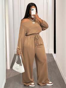 Slaydiva Women's Chocolate Brown Autumn Smart Casual Vacation Two Pieces Set,Single Slanted Shoulder Long Sleeve Top & Elastic Waist Wide Leg Pants With Pocket - Brown - View 6
