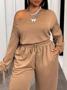 Slaydiva Women's Chocolate Brown Autumn Smart Casual Vacation Two Pieces Set,Single Slanted Shoulder Long Sleeve Top & Elastic Waist Wide Leg Pants With Pocket - Brown - View 4