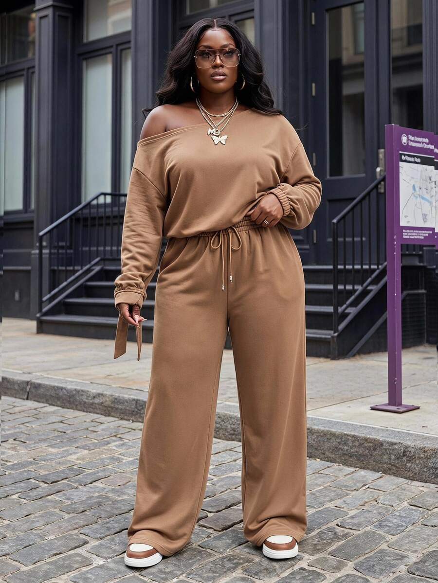 Slaydiva Women's Chocolate Brown Autumn Smart Casual Vacation Two Pieces Set,Single Slanted Shoulder Long Sleeve Top & Elastic Waist Wide Leg Pants With Pocket - Brown - View 1