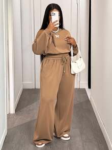 Slaydiva Women's Chocolate Brown Autumn Smart Casual Vacation Two Pieces Set,Single Slanted Shoulder Long Sleeve Top & Elastic Waist Wide Leg Pants With Pocket - Brown - View 7