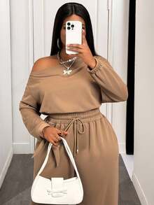 Slaydiva Women's Chocolate Brown Autumn Smart Casual Vacation Two Pieces Set,Single Slanted Shoulder Long Sleeve Top & Elastic Waist Wide Leg Pants With Pocket - Brown - View 5