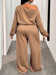 Slaydiva Women's Chocolate Brown Autumn Smart Casual Vacation Two Pieces Set,Single Slanted Shoulder Long Sleeve Top & Elastic Waist Wide Leg Pants With Pocket - Brown - View 2