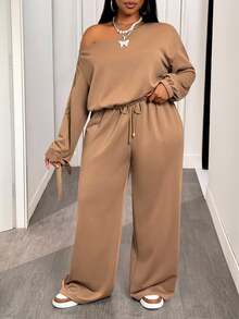 Slaydiva Women's Chocolate Brown Autumn Smart Casual Vacation Two Pieces Set,Single Slanted Shoulder Long Sleeve Top & Elastic Waist Wide Leg Pants With Pocket - Brown - View 3