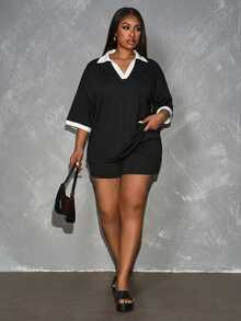 Slaydiva 2pcs Casual Black White Contrast Plus Size Women's Set Suitable For Summer Music Festival Date Night Office - Multicolor - View 7