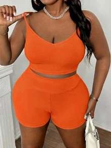Slaydiva Summer Basic Loose Fit Women's Plus Size Outdoor Casual Set - Burnt Orange - View 8