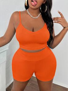 Slaydiva Summer Basic Loose Fit Women's Plus Size Outdoor Casual Set - Burnt Orange - View 3