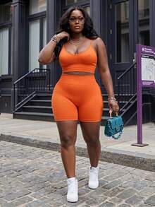 Slaydiva Summer Basic Loose Fit Women's Plus Size Outdoor Casual Set - Burnt Orange - View 1