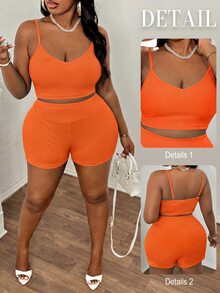 Slaydiva Summer Basic Loose Fit Women's Plus Size Outdoor Casual Set - Burnt Orange - View 10