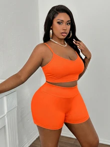Slaydiva Summer Basic Loose Fit Women's Plus Size Outdoor Casual Set - Burnt Orange - View 4