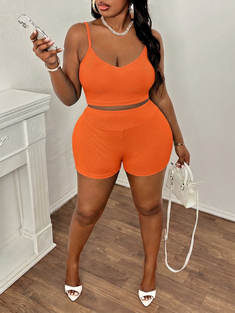 Slaydiva Summer Basic Loose Fit Women's Plus Size Outdoor Casual Set - Burnt Orange - View 6