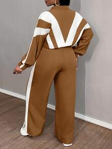 Slaydiva Plus Size Women Striped Batwing Sleeve Jacket And Pants Casual 2 Pieces Set - Brown - View 2