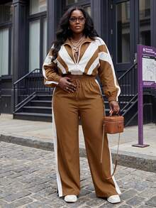 Slaydiva Plus Size Women Striped Batwing Sleeve Jacket And Pants Casual 2 Pieces Set - Brown - View 1
