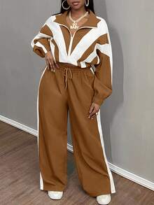 Slaydiva Plus Size Women Striped Batwing Sleeve Jacket And Pants Casual 2 Pieces Set - Brown - View 4