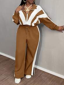 Slaydiva Plus Size Women Striped Batwing Sleeve Jacket And Pants Casual 2 Pieces Set - Brown - View 6