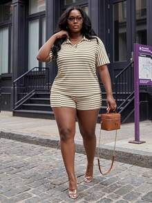 Slaydiva Plus Size Women's Striped Colorblock Short Sleeve Top And Shorts Casual Daily Set - Multicolor - View 1
