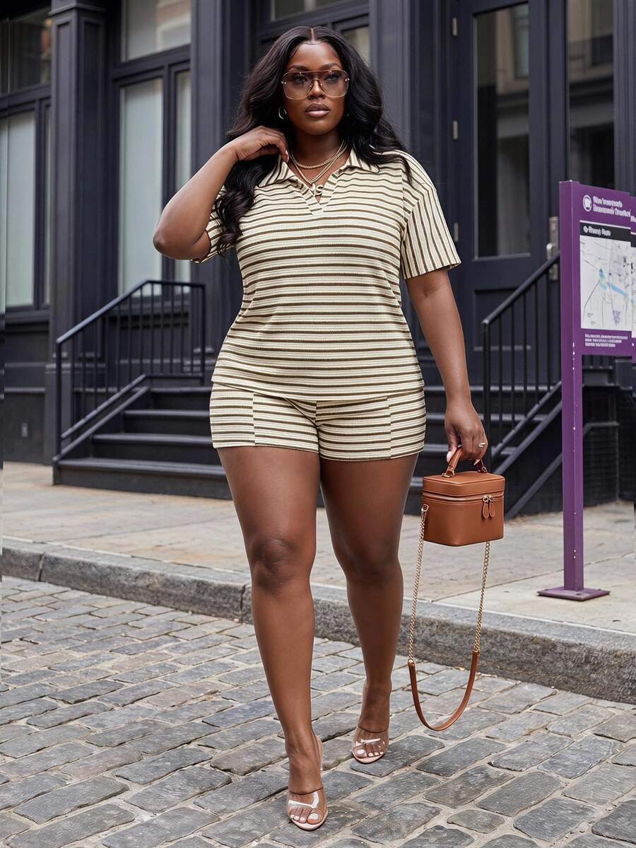 Slaydiva Plus Size Women's Striped Colorblock Short Sleeve Top And Shorts Casual Daily Set - Multicolor - View 1
