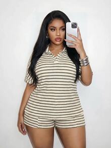 Slaydiva Plus Size Women's Striped Colorblock Short Sleeve Top And Shorts Casual Daily Set - Multicolor - View 7