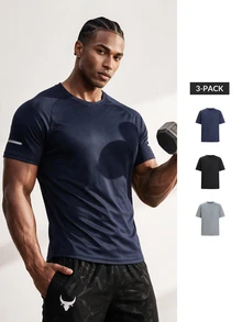 Driftmere 3pcs/Set Men's Active Short Sleeve T-Shirts, Round Neck Mesh Knit Tops For Outdoor Sports, Running, Fitness, Summer Black - Black - View 1