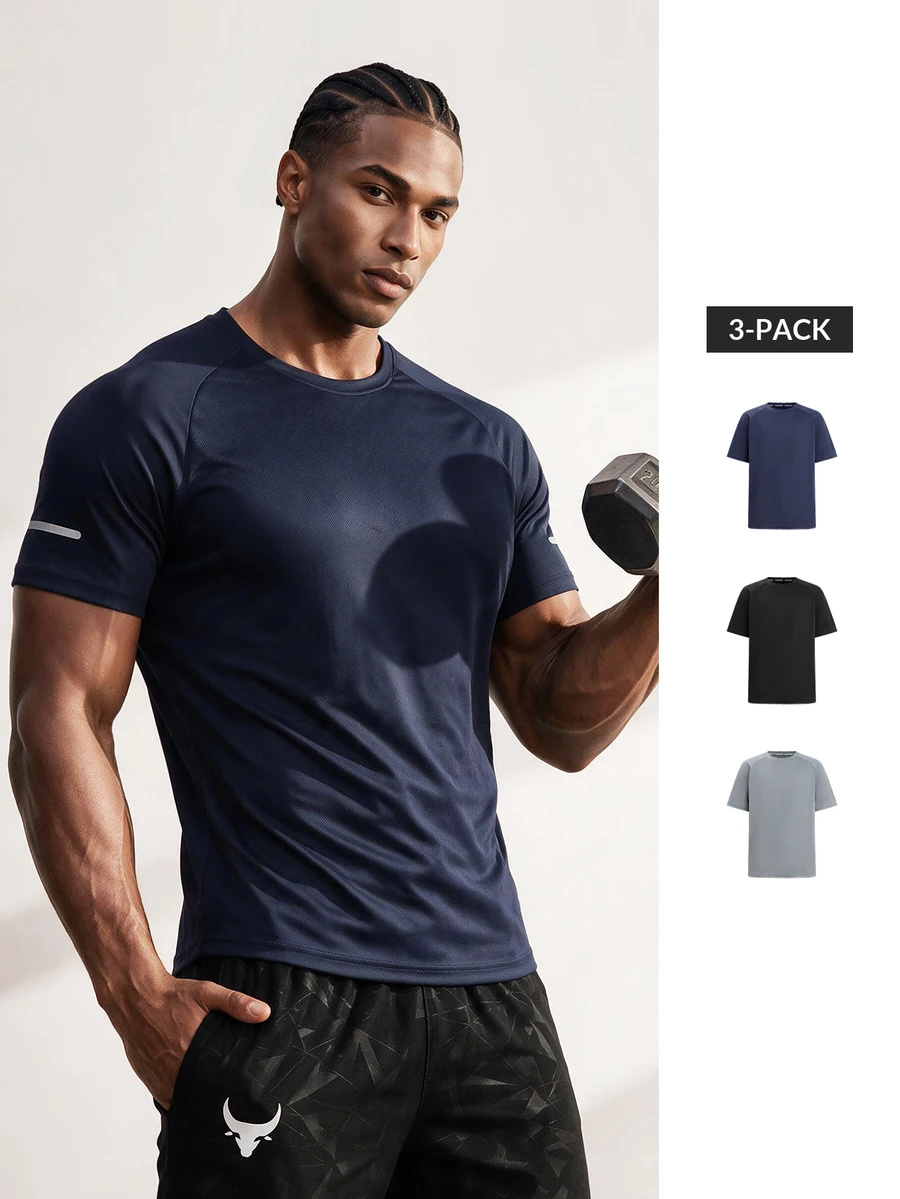Driftmere 3pcs/Set Men's Active Short Sleeve T-Shirts, Round Neck Mesh Knit Tops For Outdoor Sports, Running, Fitness, Summer Black - Black - View 1