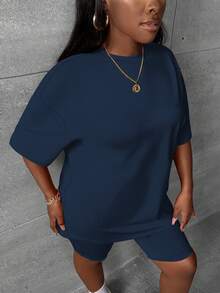 Slaydiva Plus Size Summer Casual Solid Color T-Shirt And Shorts 2 Pieces Set - Navy Blue - View 4