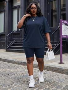 Slaydiva Plus Size Summer Casual Solid Color T-Shirt And Shorts 2 Pieces Set - Navy Blue - View 1