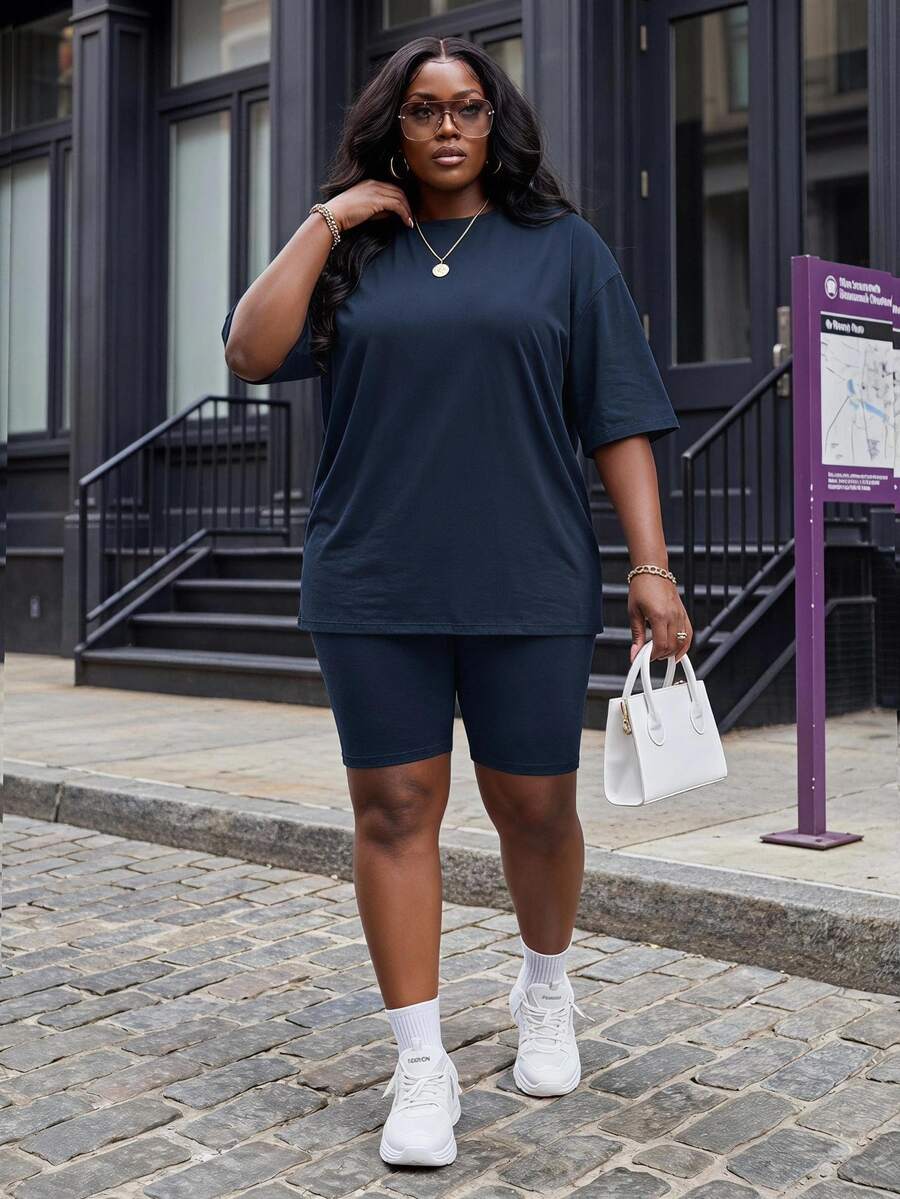 Slaydiva Plus Size Summer Casual Solid Color T-Shirt And Shorts 2 Pieces Set - Navy Blue - View 1