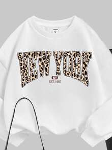 Slaydiva 2pcs Women Plus Size White Winter Basic Casual Everyday Back-To-School Leopard New York Slogan Print Loose Crew Neck Sweatshirt And Leggings Set - Multicolor - View 3