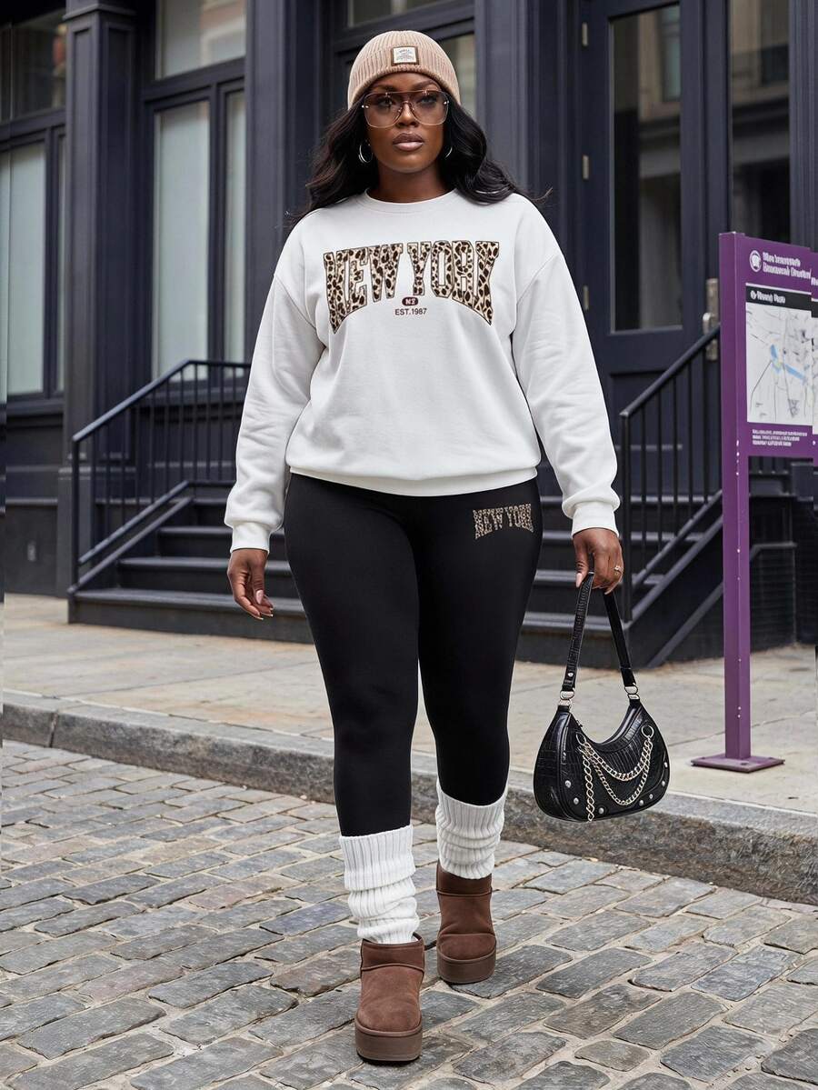 Slaydiva 2pcs Women Plus Size White Winter Basic Casual Everyday Back-To-School Leopard New York Slogan Print Loose Crew Neck Sweatshirt And Leggings Set - Multicolor - View 1