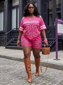 Slaydiva Women's Plus Size 2 Pieces Set Pastel Pink Summer Outfits,Grunge Gym Sports Style V-Neck Mesh Knit Loose T-Shirt&Shorts With Number 23 Logo Print - Hot Pink - View 1