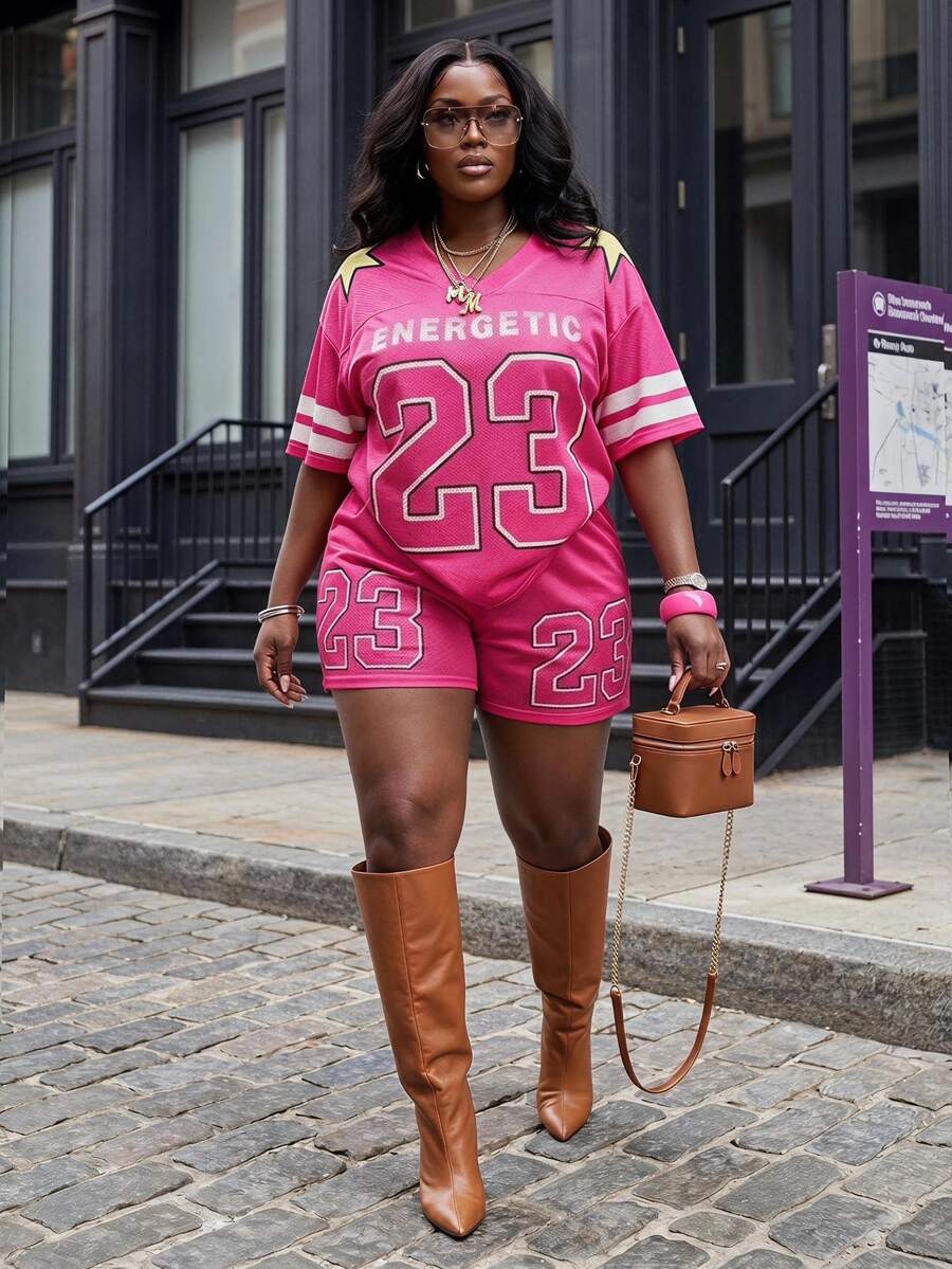 Slaydiva Women's Plus Size 2 Pieces Set Pastel Pink Summer Outfits,Grunge Gym Sports Style V-Neck Mesh Knit Loose T-Shirt&Shorts With Number 23 Logo Print - Hot Pink - View 1