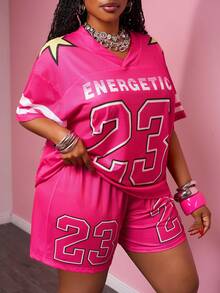 Slaydiva Women's Plus Size 2 Pieces Set Pastel Pink Summer Outfits,Grunge Gym Sports Style V-Neck Mesh Knit Loose T-Shirt&Shorts With Number 23 Logo Print - Hot Pink - View 3