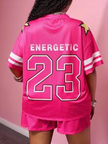 Slaydiva Women's Plus Size 2 Pieces Set Pastel Pink Summer Outfits,Grunge Gym Sports Style V-Neck Mesh Knit Loose T-Shirt&Shorts With Number 23 Logo Print - Hot Pink - View 2