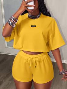 Slaydiva Summer Casual Butter Yellow Summer Baggy Gym 2 Pieces Short Sets Woman,Round Neck Short Sleeve T-Shirt&Ultra-Short Shorts Sports Plus Size Two Pieces - Yellow - View 11