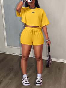 Slaydiva Summer Casual Butter Yellow Summer Baggy Gym 2 Pieces Short Sets Woman,Round Neck Short Sleeve T-Shirt&Ultra-Short Shorts Sports Plus Size Two Pieces - Yellow - View 9