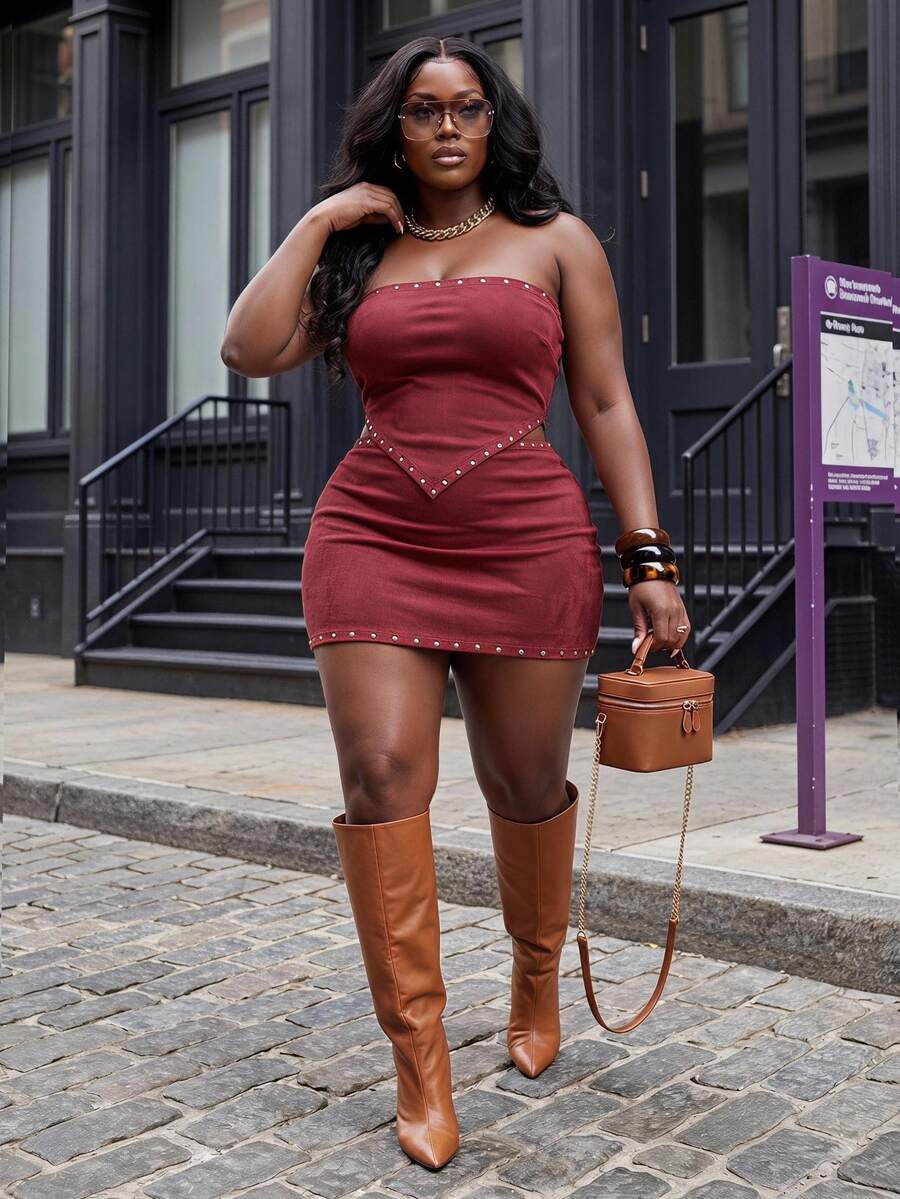Slaydiva Summer Birthday Date Night Party Daily Outing Versatile Basic 70's Style Fitted Solid Burgundy Bandeau Crop Top Bodycon Mini Skirt Suede Fabric - Red - View 1