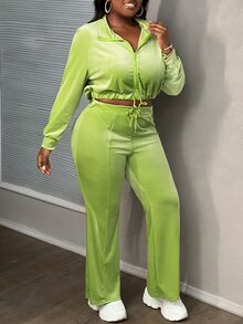 Slaydiva 2pcs/Set Plus Size Casual Sports Zip-Up Jacket And Flare Pants, Green, Autumn/Winter - Green - View 5