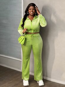 Slaydiva 2pcs/Set Plus Size Casual Sports Zip-Up Jacket And Flare Pants, Green, Autumn/Winter - Green - View 3