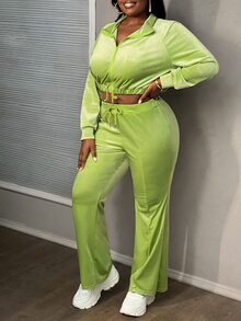 Slaydiva 2pcs/Set Plus Size Casual Sports Zip-Up Jacket And Flare Pants, Green, Autumn/Winter - Green - View 6