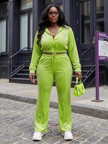 Slaydiva 2pcs/Set Plus Size Casual Sports Zip-Up Jacket And Flare Pants, Green, Autumn/Winter - Green - View 1