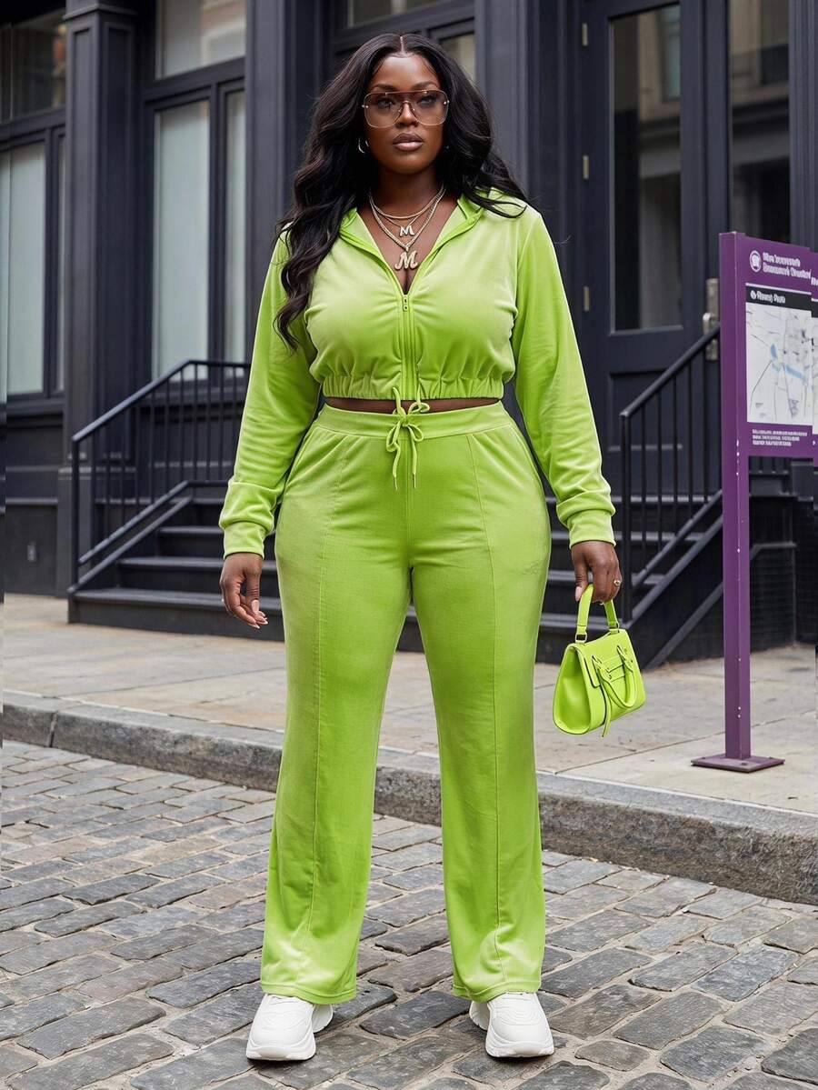 Slaydiva 2pcs/Set Plus Size Casual Sports Zip-Up Jacket And Flare Pants, Green, Autumn/Winter - Green - View 1