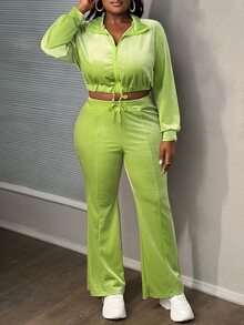 Slaydiva 2pcs/Set Plus Size Casual Sports Zip-Up Jacket And Flare Pants, Green, Autumn/Winter - Green - View 4
