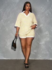 Slaydiva Spring/Summer New Casual Traditional Elegant Streetwear Daily Vacation Home Wear Formal Date Outing White Top Shorts Plus Size Set - Yellow - View 7