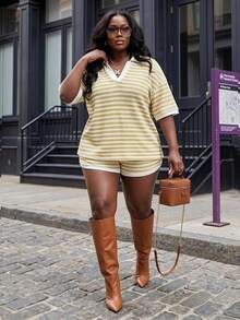 Slaydiva Spring/Summer New Casual Traditional Elegant Streetwear Daily Vacation Home Wear Formal Date Outing White Top Shorts Plus Size Set - Yellow - View 1