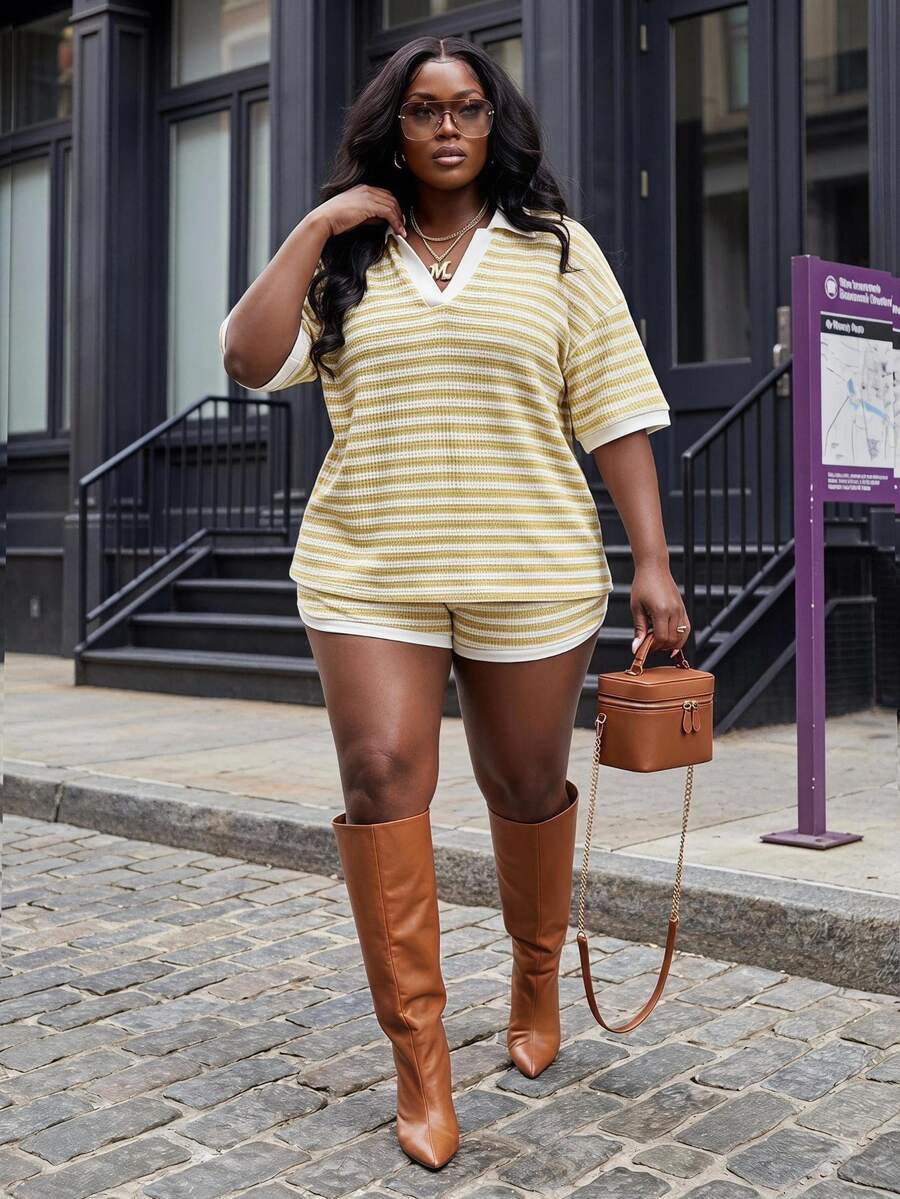 Slaydiva Spring/Summer New Casual Traditional Elegant Streetwear Daily Vacation Home Wear Formal Date Outing White Top Shorts Plus Size Set - Yellow - View 1