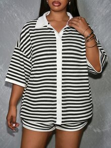 Slaydiva Plus Size Women's Black And White Colorblock Single-Breasted Top And Shorts Casual Traditional Daily Set Formal Vacation Summer - Multicolor - View 8