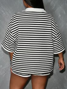 Slaydiva Plus Size Women's Black And White Colorblock Single-Breasted Top And Shorts Casual Traditional Daily Set Formal Vacation Summer - Multicolor - View 3