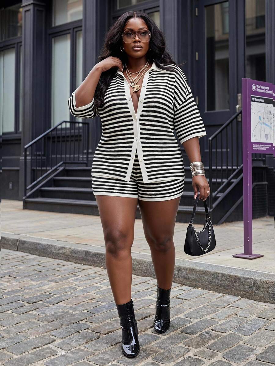 Slaydiva Plus Size Women's Black And White Colorblock Single-Breasted Top And Shorts Casual Traditional Daily Set Formal Vacation Summer