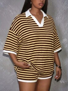 Slaydiva Spring/Summer New Casual Plus Size Striped Top And Shorts Set - Yellow - View 3