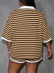 Slaydiva Spring/Summer New Casual Plus Size Striped Top And Shorts Set - Yellow - View 2