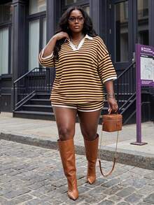 Slaydiva Spring/Summer New Casual Plus Size Striped Top And Shorts Set - Yellow - View 1